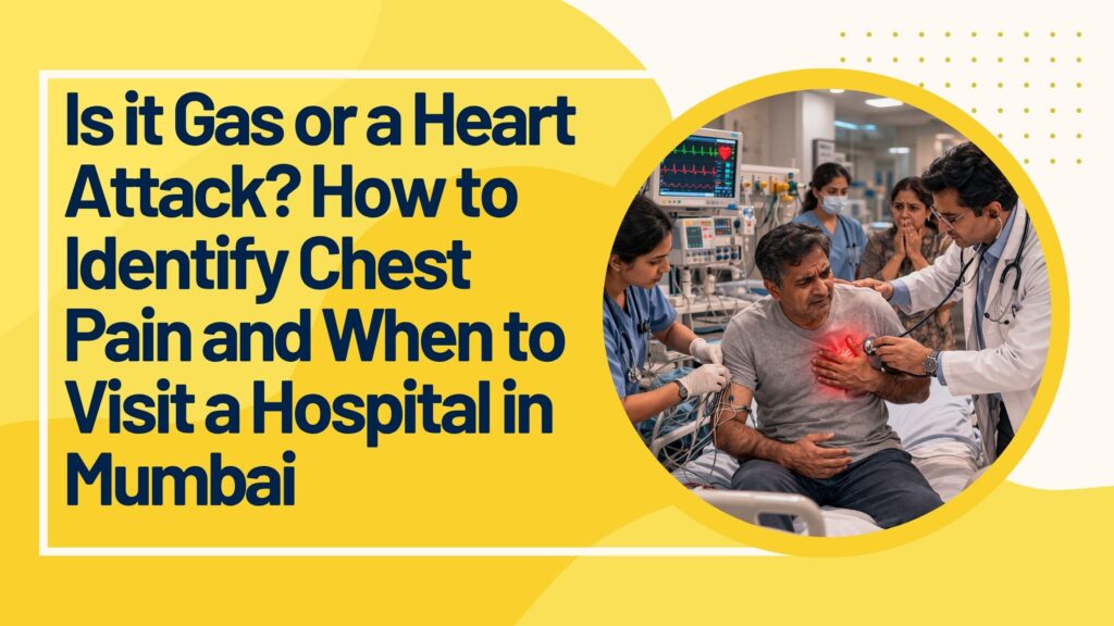 Patient holding chest pain in Mumbai hospital emergency room while cardiologist examines, showing confusion between gas and heart attack symptoms