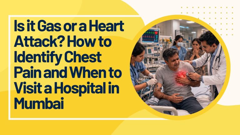 Patient holding chest pain in Mumbai hospital emergency room while cardiologist examines, showing confusion between gas and heart attack symptoms