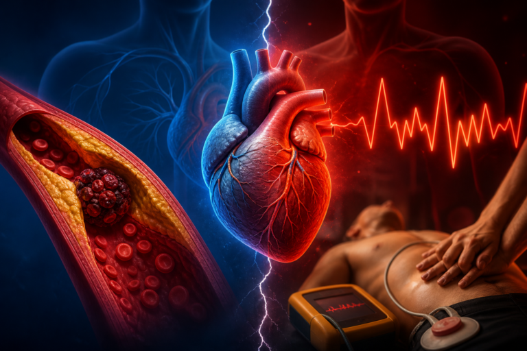 Medical illustration showing difference between heart attack vs cardiac arrest, blocked artery, sudden cardiac arrest, and emergency CPR treatment