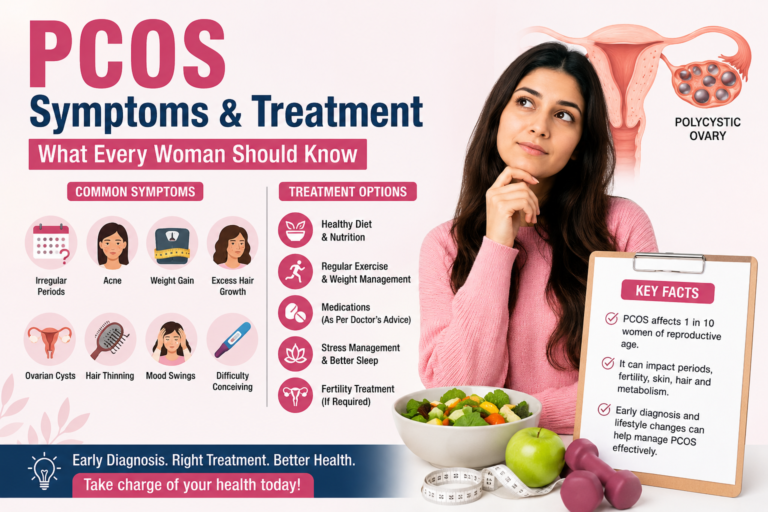 Learn PCOS symptoms, PCOS causes, PCOS diagnosis and PCOS treatment in women. Understand hormonal imbalance, irregular periods, and fertility issues in PCOS.