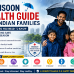 Indian family staying safe during monsoon season with health and disease prevention guide covering dengue, malaria, asthma, skin infections, and family wellness in India