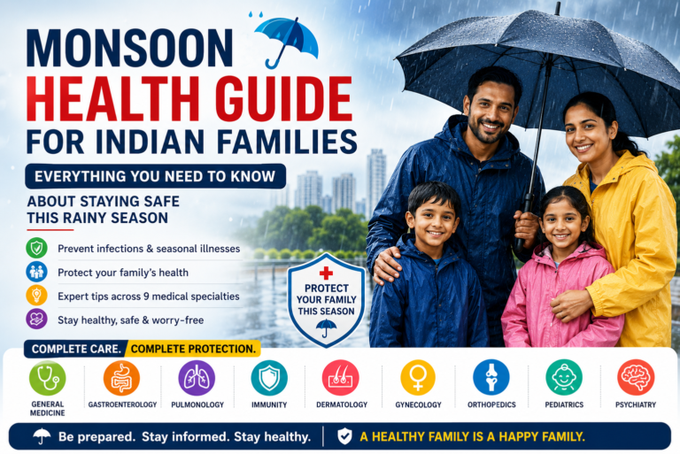 Indian family staying safe during monsoon season with health and disease prevention guide covering dengue, malaria, asthma, skin infections, and family wellness in India