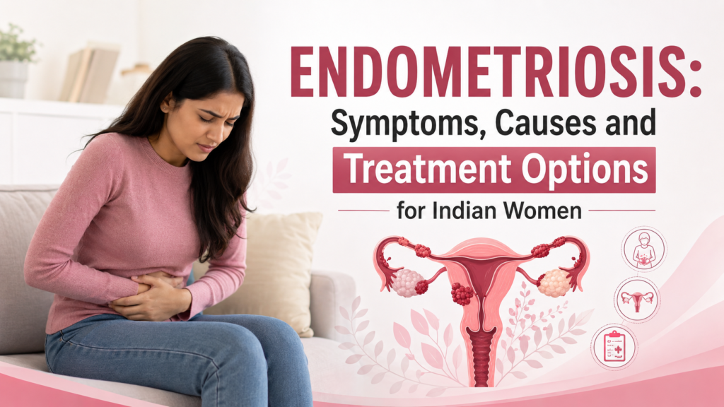 Indian woman experiencing severe period pain with illustration explaining endometriosis symptoms causes and treatment options