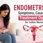 Indian woman experiencing severe period pain with illustration explaining endometriosis symptoms causes and treatment options