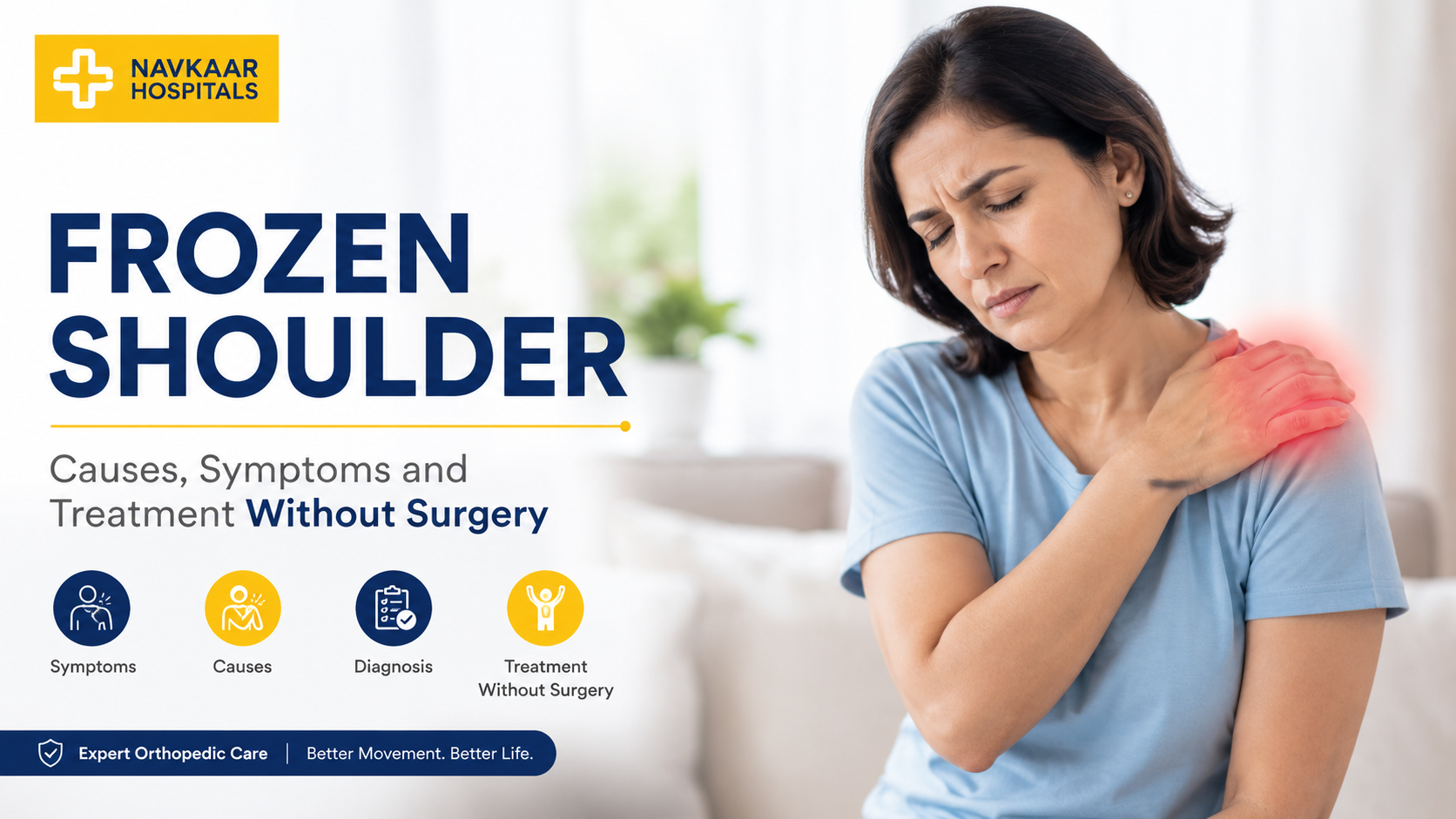 Learn about frozen shoulder symptoms, causes, diagnosis, exercises, recovery time, and frozen shoulder treatment without surgery.