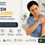 Woman with frozen shoulder pain showing symptoms, causes, and non-surgical treatment with shoulder joint illustration.