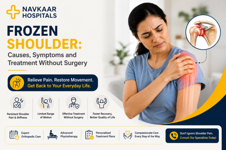 Woman with frozen shoulder pain showing symptoms, causes, and non-surgical treatment with shoulder joint illustration.