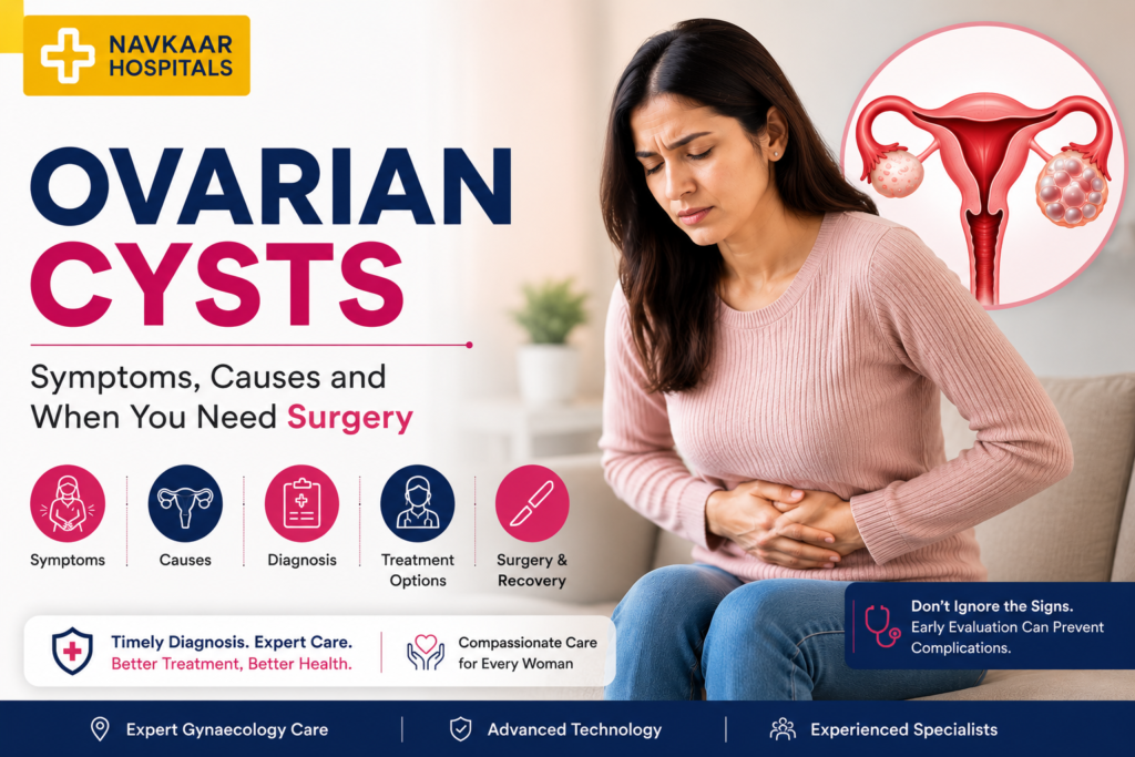 Woman with ovarian cyst symptoms experiencing pelvic pain with illustration of ovaries, ovarian cyst causes, diagnosis, treatment, and surgery.