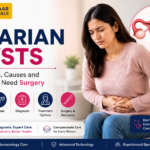 Woman with ovarian cyst symptoms experiencing pelvic pain with illustration of ovaries, ovarian cyst causes, diagnosis, treatment, and surgery.