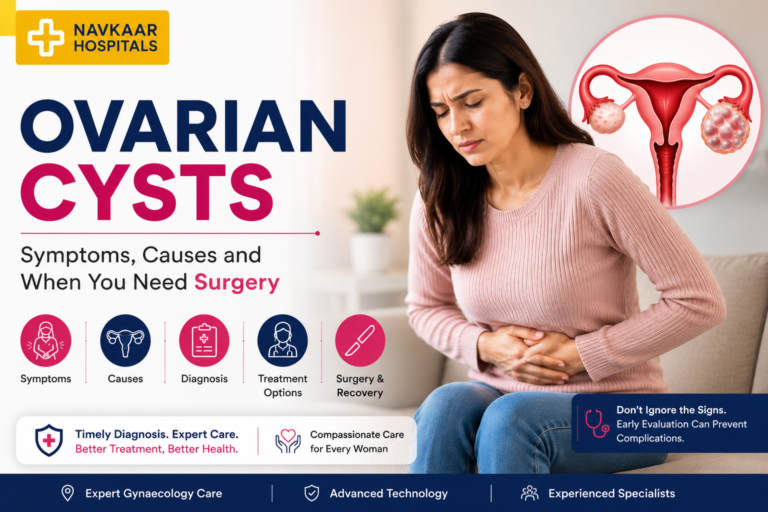 Woman with ovarian cyst symptoms experiencing pelvic pain with illustration of ovaries, ovarian cyst causes, diagnosis, treatment, and surgery.