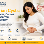 Woman experiencing pelvic pain with an ovarian cyst illustration showing symptoms, causes, diagnosis, and treatment options.