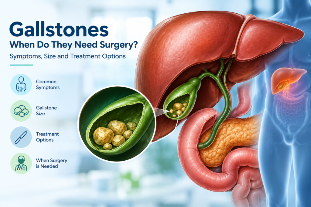 Gallstones in the gallbladder shown in a medical illustration with the liver and digestive system, highlighting symptoms, stone size, treatment options, and when surgery may be needed